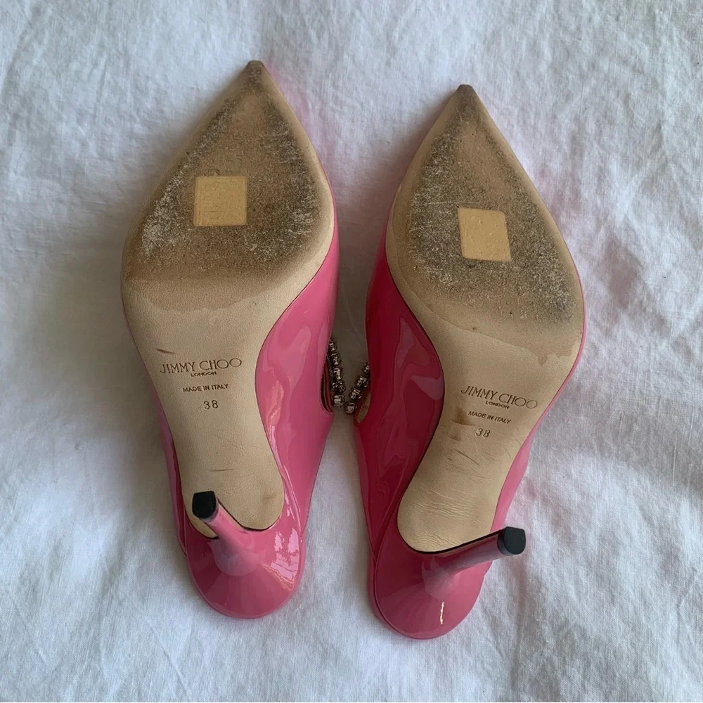 Jimmy Choo Bing 100 Shiny Patent Leather Crystal Stiletto Heels Bubble Pink - Picture 11 of 16